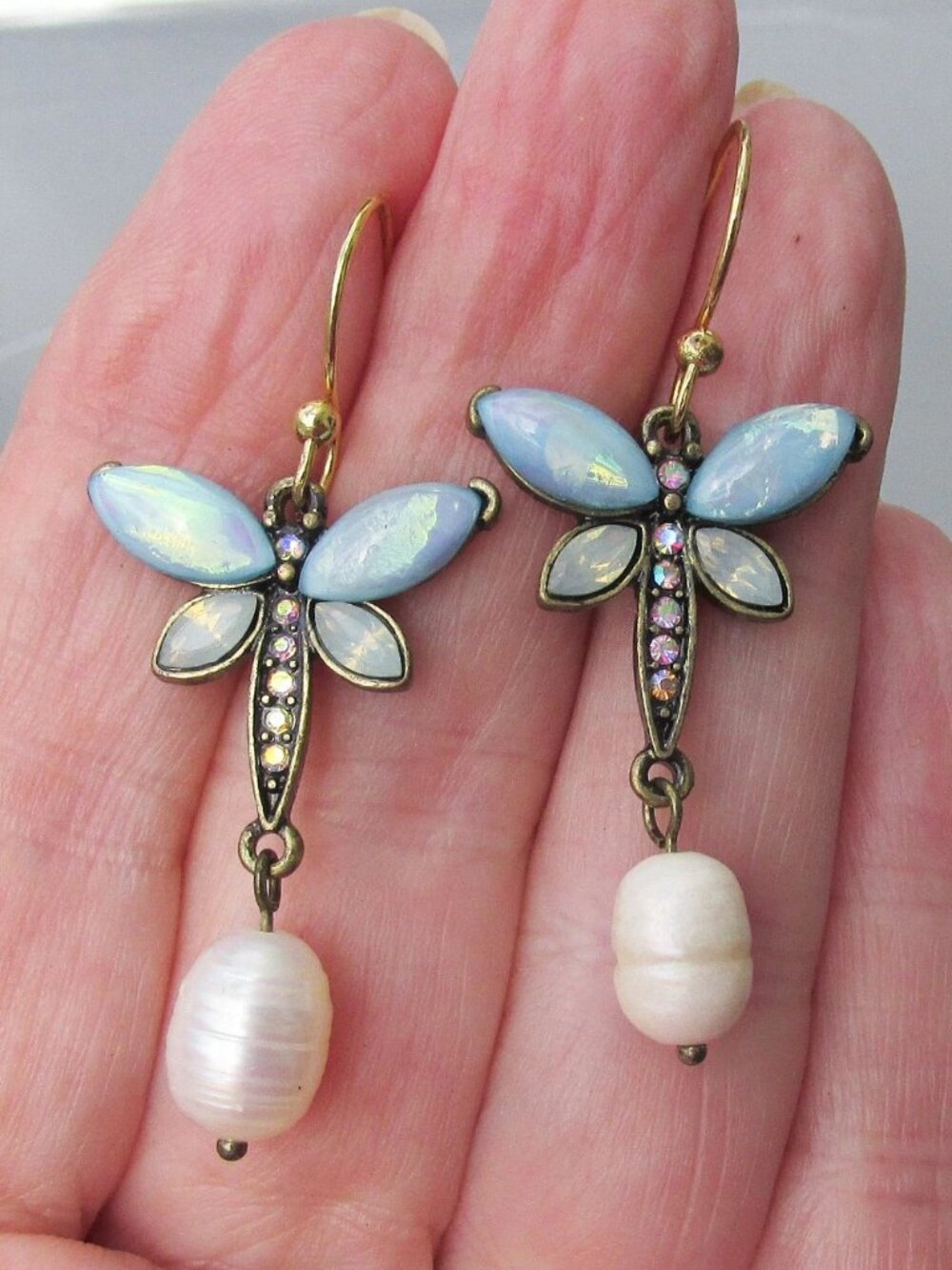 Artisan Vermeil & Freshwater Pearl Faux Opal DRAGONFLY Dangle Earrings
